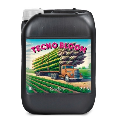 Recipiente preto com rótulo de camião a transportar espargos e texto TECNO BLOOM.