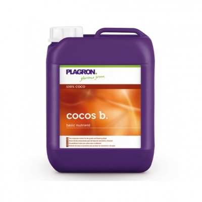 Recipiente plástico roxo com rótulo PLAGRON cocos b. para nutrientes básicos