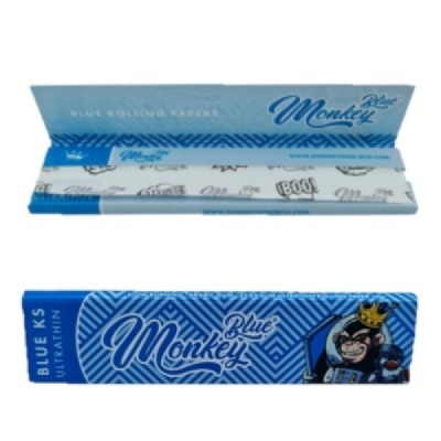 Papel para enrolar Blue Monkey Blue KS com embalagem azul e branca e imagem de macaco com coroa