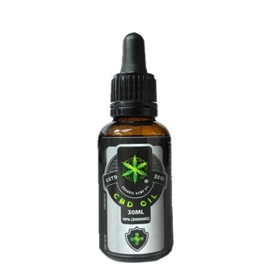 Frasco âmbar de óleo CBD com conta-gotas e rótulo cinza e verde