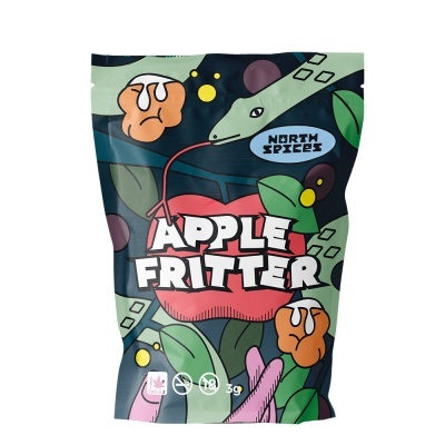 Embalagem colorida com texto APPLE FRITTER e ilustrações de maçã, serpente e flores