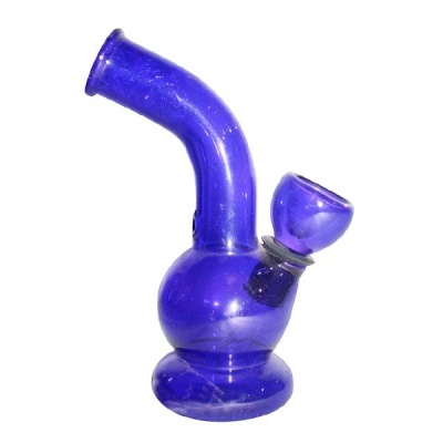 Mini bong de vidro azul translúcido com corpo esférico e tubo curvado