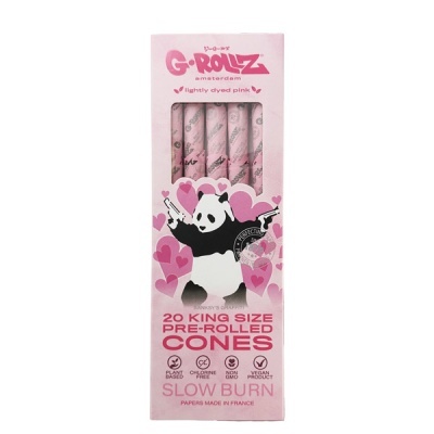 Caixa rosa de cones pré-enrolados G-Rollz com panda e corações