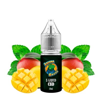 Frasco de e-líquido CBD com sabor manga e folhas verdes