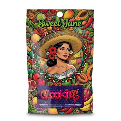 Embalagem colorida com mulher, frutas tropicais e textos Sweet Jane e Glookies