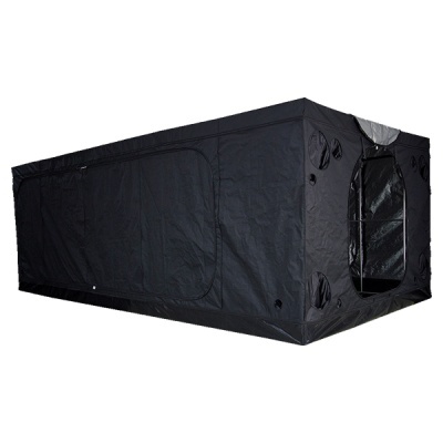 Tenda de cultivo preta com aberturas e porta frontal