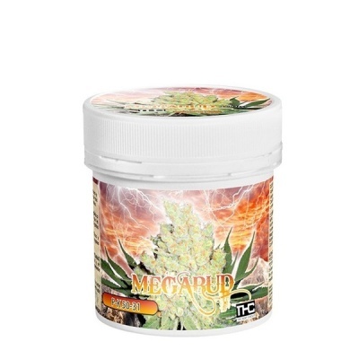 Frasco branco com tampa e rótulo colorido de planta e relâmpagos