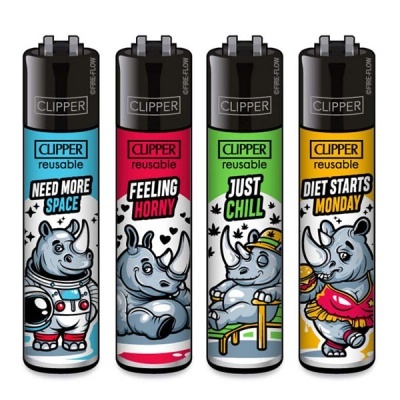 Quatro isqueiros CLIPPER reutilizáveis com ilustrações de rinocerontes e textos em inglês.