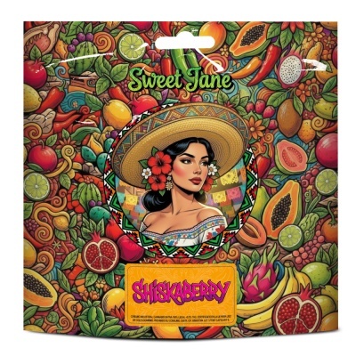 Pacote com design colorido de frutas e ilustração central de mulher com chapéu e flores, textos Sweet Jane e SHISKABERRY