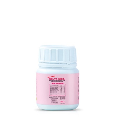 Frasco branco com rótulo rosa e texto DELTA DIEZ