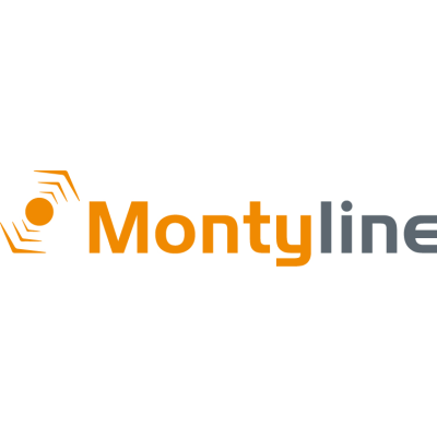 Logotipo Montyline com texto em laranja e cinza e símbolo laranja
