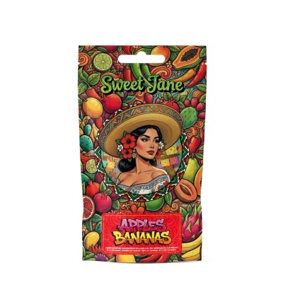 Pacote colorido com ilustração feminina e frutas, texto Sweet Jane e APPLES BANANAS