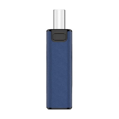 Dispositivo eletrónico portátil azul para vaporização com botão preto e boquilha transparente