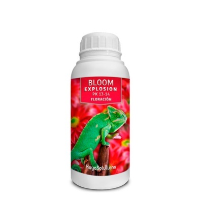 Frasco plástico branco com rótulo colorido de camaleão verde e texto BLOOM EXPLOSION.