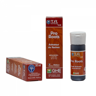 Ativador de raízes T.A. Pro Roots da GHE em frasco plástico preto e embalagem castanha.