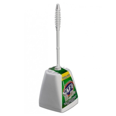 Escova sanitária branca com suporte quadrado em plástico e etiqueta verde e amarela.