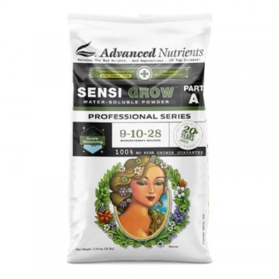 Embalagem branca de pó solúvel Sensi Grow Parte A com imagem feminina e informação nutricional 9-10-28