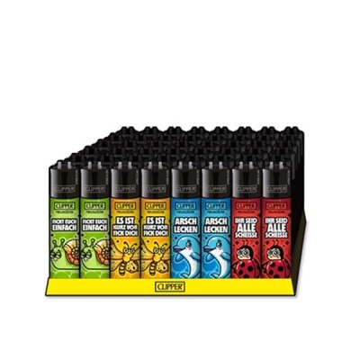 Conjunto de isqueiros Clipper coloridos com desenhos de animais e texto em alemão
