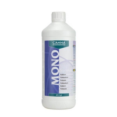 Frasco branco de plástico com rótulo azul e verde contendo produto CANNA MONO Potassium 1 litro
