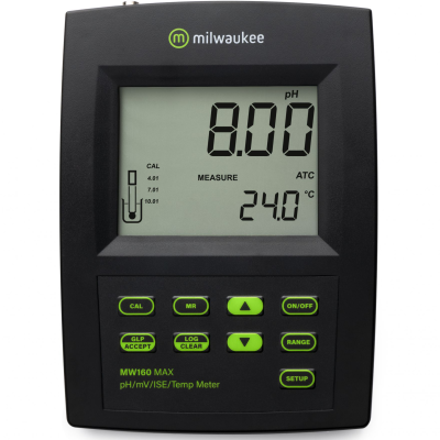 Medidor digital de pH Milwaukee MW160 MAX com ecrã e botões verdes