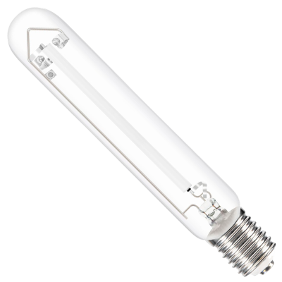 Lâmpada tubular transparente com rosca metálica prateada e filamentado interno