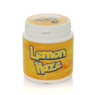 Frasco plástico branco com rótulo amarelo Lemon Haze e tampa com abelha