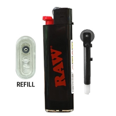 Isqueiro RAW preto, enchimento transparente com REFILL e acessório preto de plástico