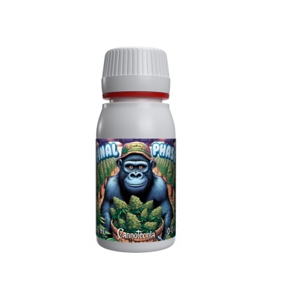 Frasco branco com rótulo colorido e gorila desenhado