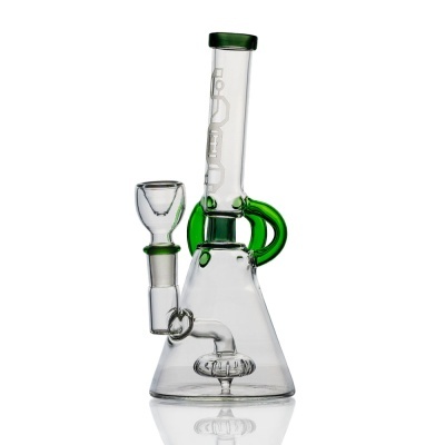 Bong de vidro transparente com detalhes verdes e texto HIT