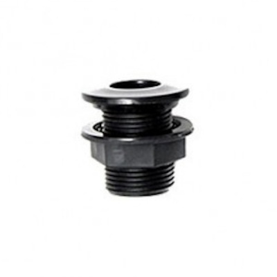 Conector plástico preto com roscas sobre fundo branco