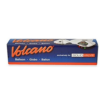 Embalagem de bomba para balões Volcano azul e vermelha com texto e imagem do produto.