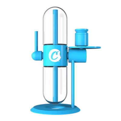 Dispositivo tubular transparente com estrutura azul e base redonda