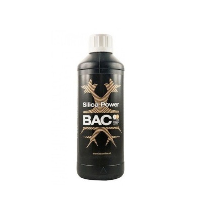Frasco preto de plástico com tampa branca e rótulo BAC Silica Power.