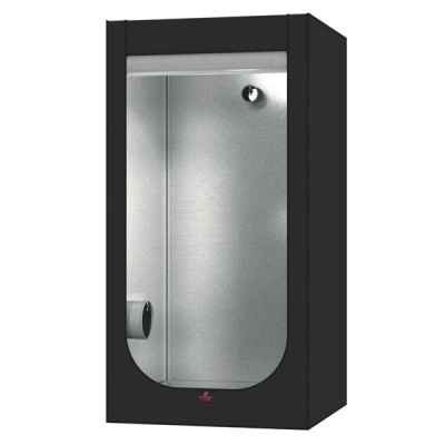 Gabinete de cultivo interno preto com painel frontal transparente curvo e interior refletor prateado
