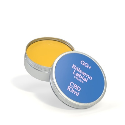 pote metálico com bálsamo labial amarelo e tampa azul com texto branco