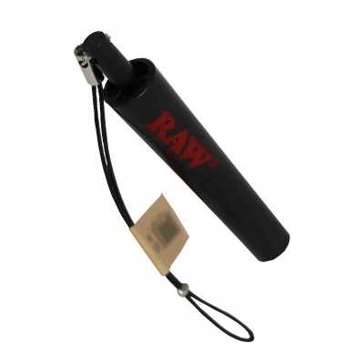 Recipiente cilíndrico preto com tampa, cordão e texto RAW vermelho