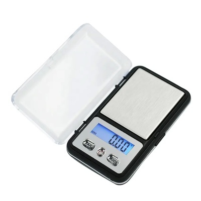 Balança digital de bolso com prato em metal e ecrã LCD azul