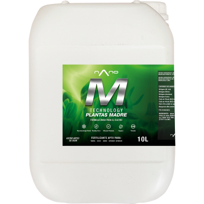 Recipiente branco de plástico 10L com fertilizante líquido com etiqueta verde e preta.