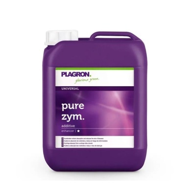 Recipiente plástico roxo com produto Plagron pure zym e tampa branca