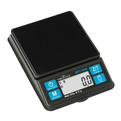 Balança digital preta ONBALANCE MTT-500 com ecrã e botões azuis