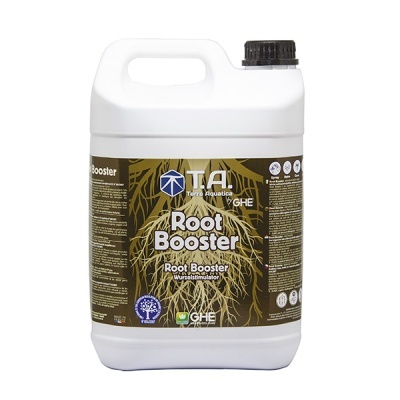 Recipiente plástico branco com tampa preta e etiqueta castanha Root Booster com imagem de raízes