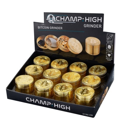 Expositor com trituradores dourados em forma de moeda Bitcoin CHAMP HIGH