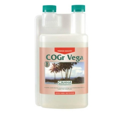 Frasco plástico branco com tampas verdes e rótulo cor de rosa do produto COGR Vega B da marca CANNA.