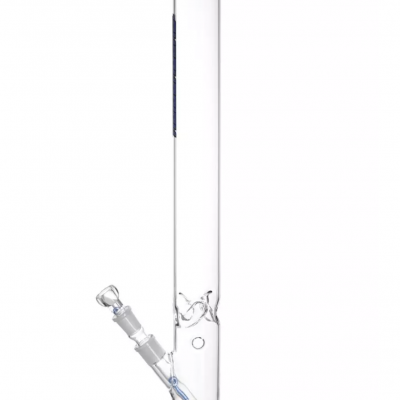 Bong de vidro transparente com detalhes azuis e cachimbo lateral