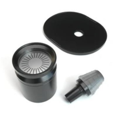 componentes pretos, recipiente cilíndrico, tampa oval e peça cónica