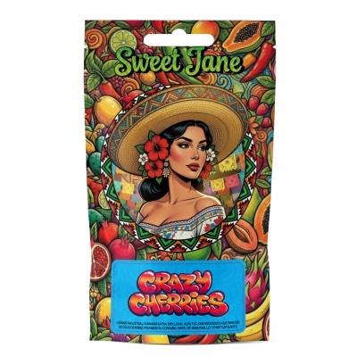 Embalagem colorida Sweet Jane Crazy Cherries com ilustração de mulher e frutas tropicais