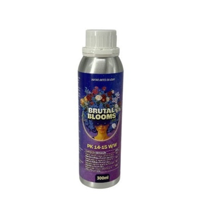 Frasco prateado com rótulo roxo de produto Brutal Blooms com flores na cabeça de mulher