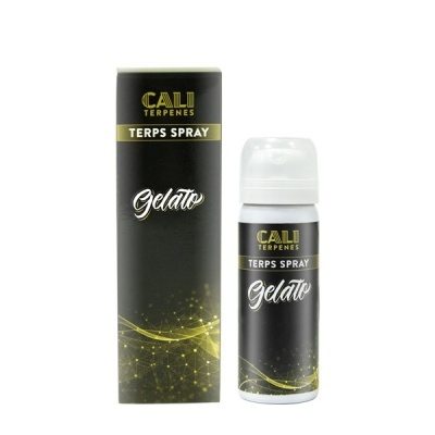 Spray e embalagem preta com design amarelo CALI TERPENES TERPS SPRAY Gelato.
