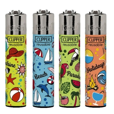 Isqueiros Clipper reutilizáveis coloridos com desenhos de praia e verão.