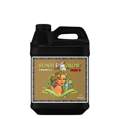 Recipiente preto com rótulo colorido com mulher e texto SENSI Coco GROW PART B
